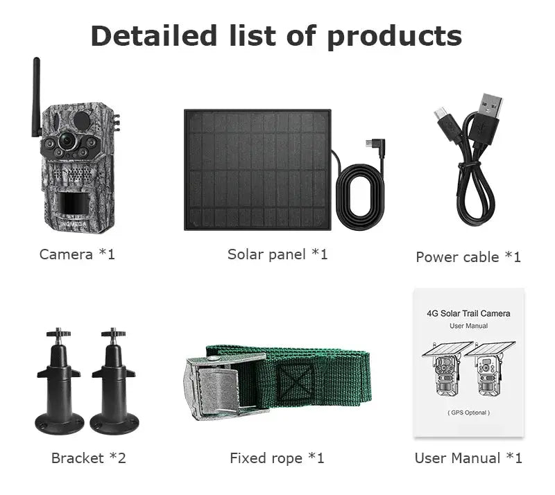 INQMEGA4G camouflage solar trail camera kit with solar panel, power cable, brackets x2, fixed rope, and user manual