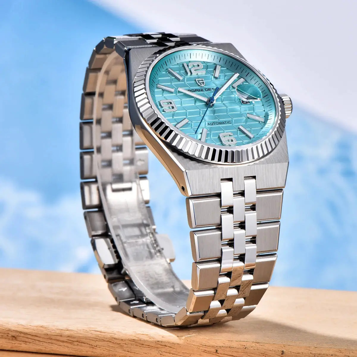 PAGANI DESIGN men's stainless steel automatic watch with blue 3D rhombus dial and AR sapphire crystal
