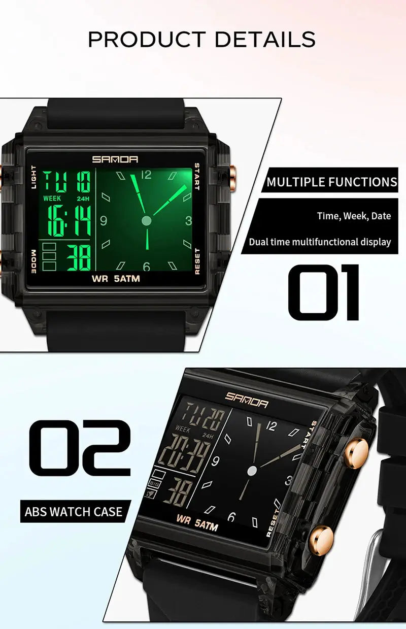 SANDA 6273 square dual-time wristwatch with black ABS case and digital-analog display; waterproof 5ATM