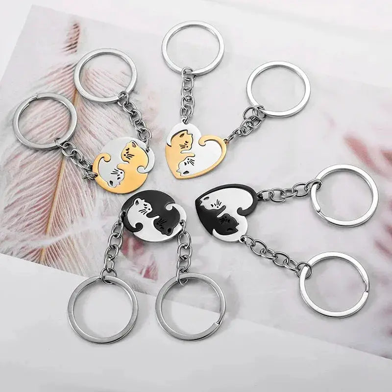 Heart Shaped Cat Yin Yang Stainless Steel Keychain Set For Couples And Best Friends