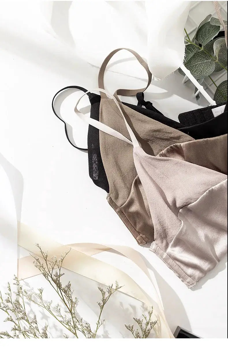 Birdtree wireless non-padded silk bralette set in beige, taupe, and black with thin straps