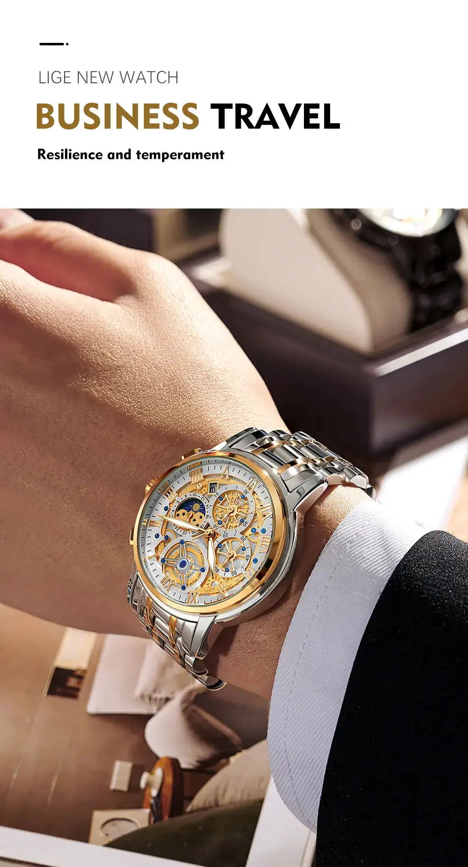 LIGE men's skeleton chronograph watch with two-tone stainless steel bracelet and gold bezel