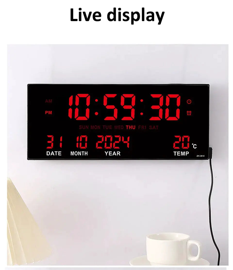 Digital LED wall clock by Simples Market, 14-inch black display with date, calendar, temperature and 8 alarms