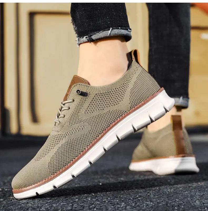 Mens mesh casual shoes by Simples Market, khaki knit upper with brown heel tab and white sole