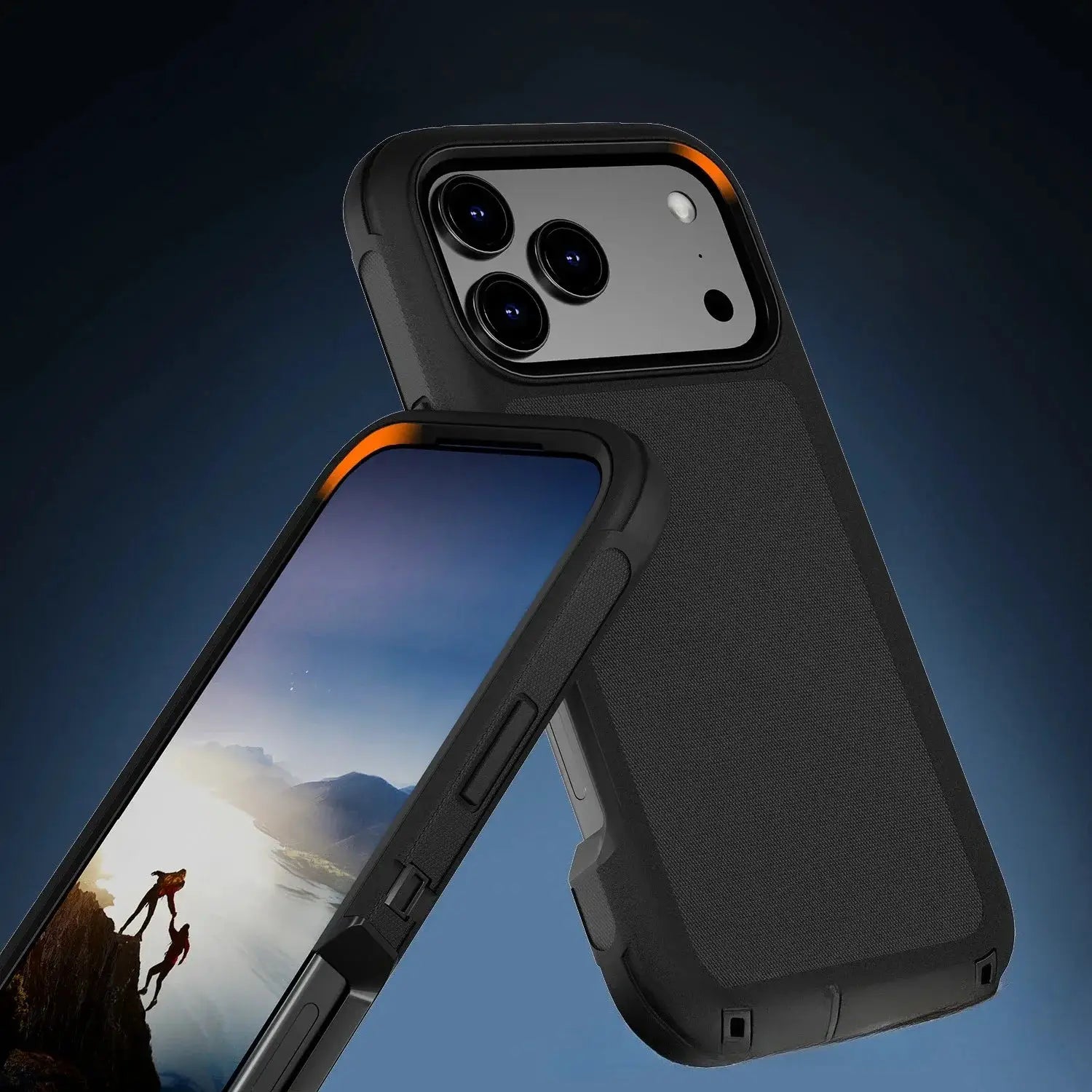 Rugged shockproof iPhone case with belt clip, black and orange 2-tone design, fits iPhone 13 Pro Max to 17 series.