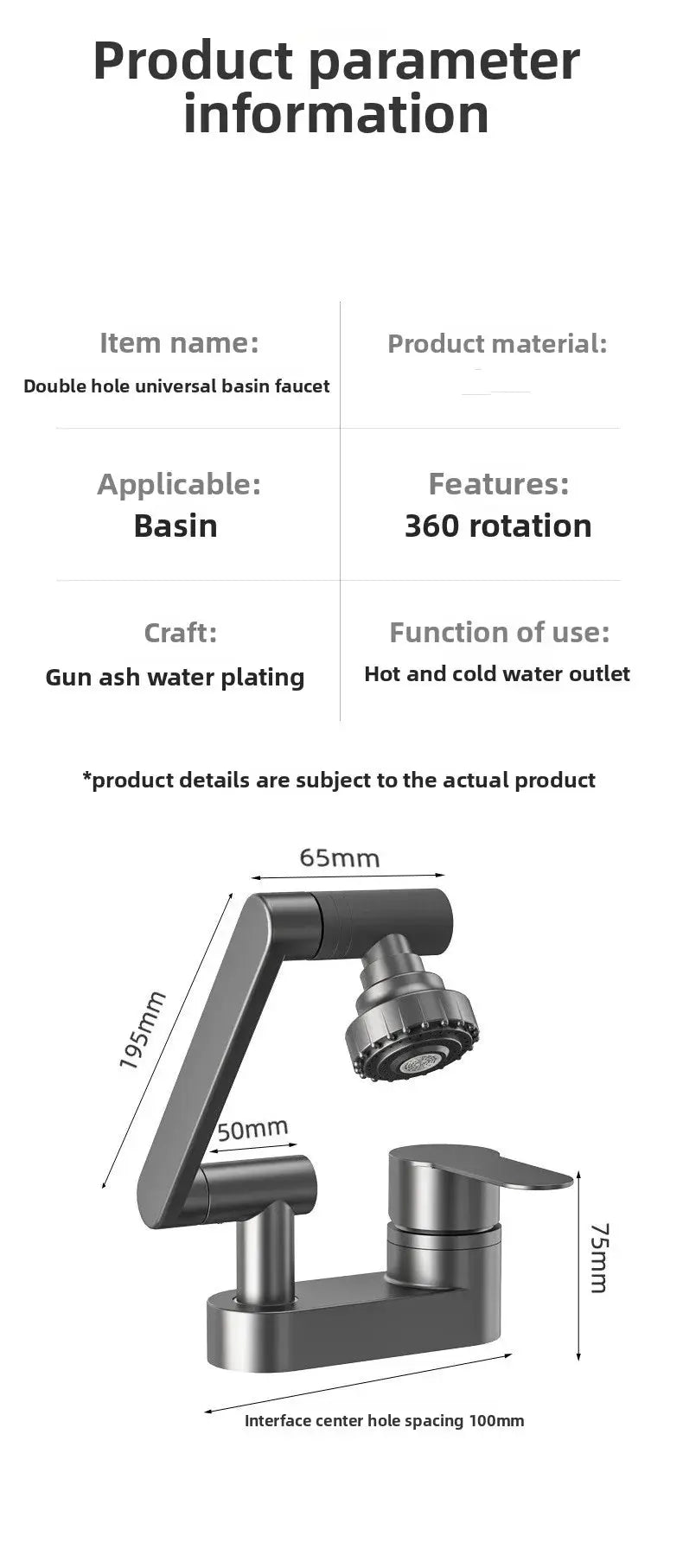 Double-hole basin faucet by Simples Market, dark grey finish, 360° rotation, hot and cold water.