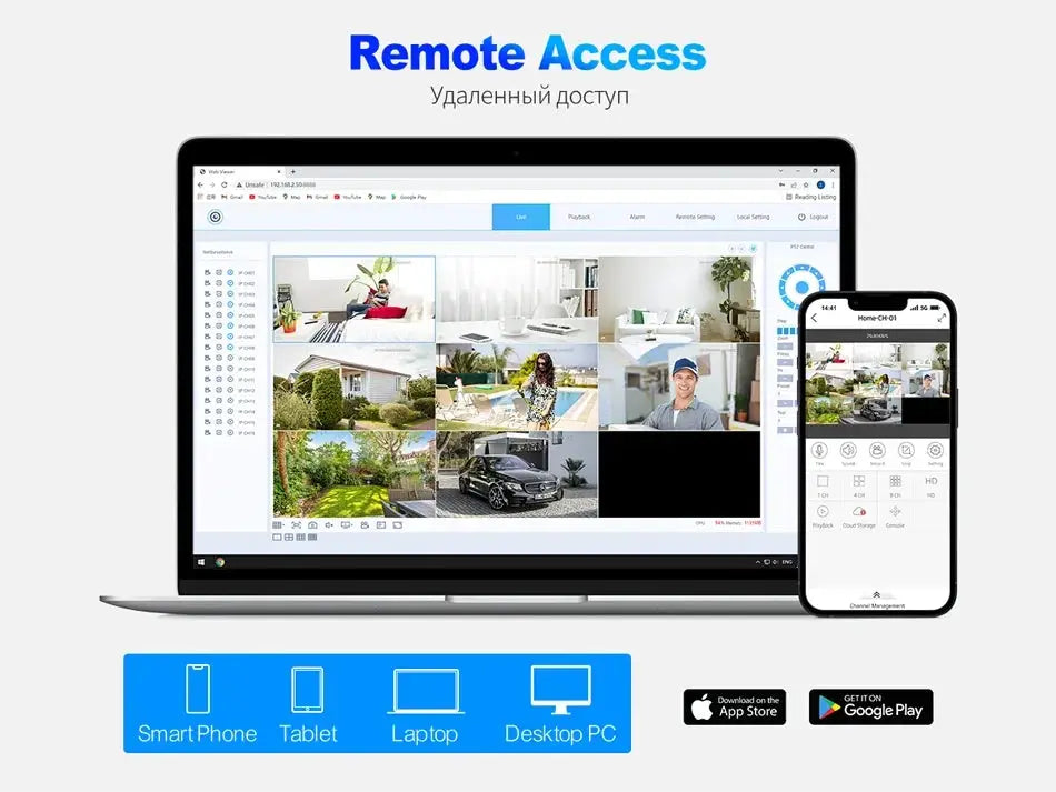 ASECAM 8MP POE IP camera system with remote access shown on laptop and smartphone.