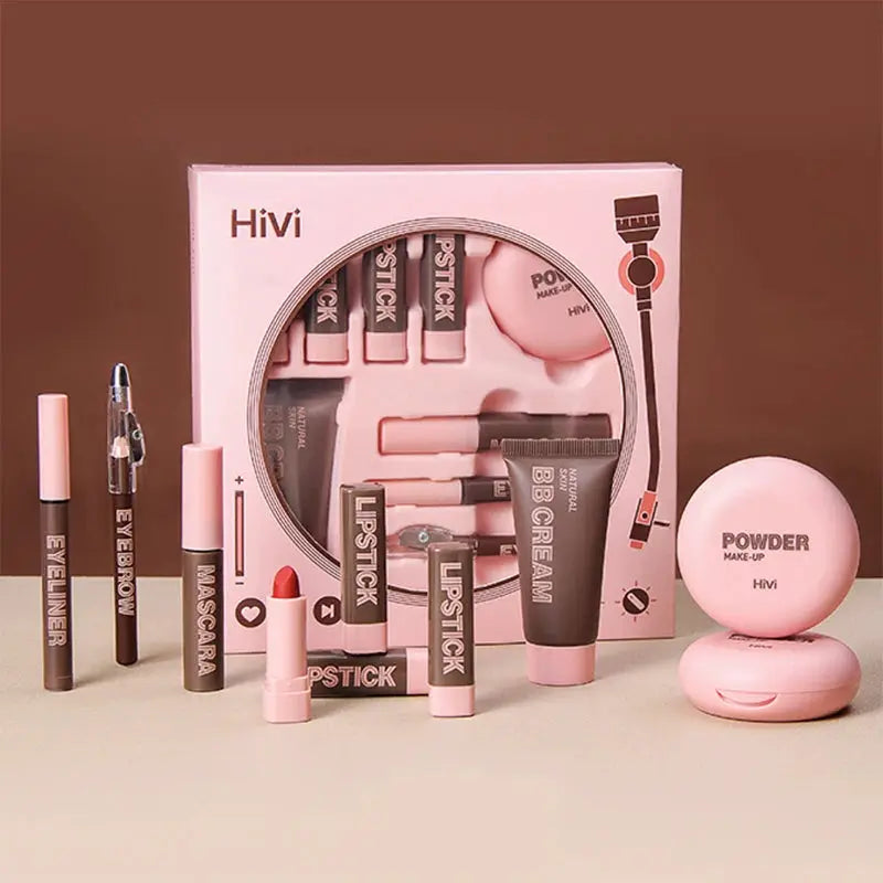 LuxeCosmetics Holiday Glow Nine Lipsticks Set With Powder BB Cream Eyebrow Pencil Mascara Eyeliner Christmas Makeup Kit