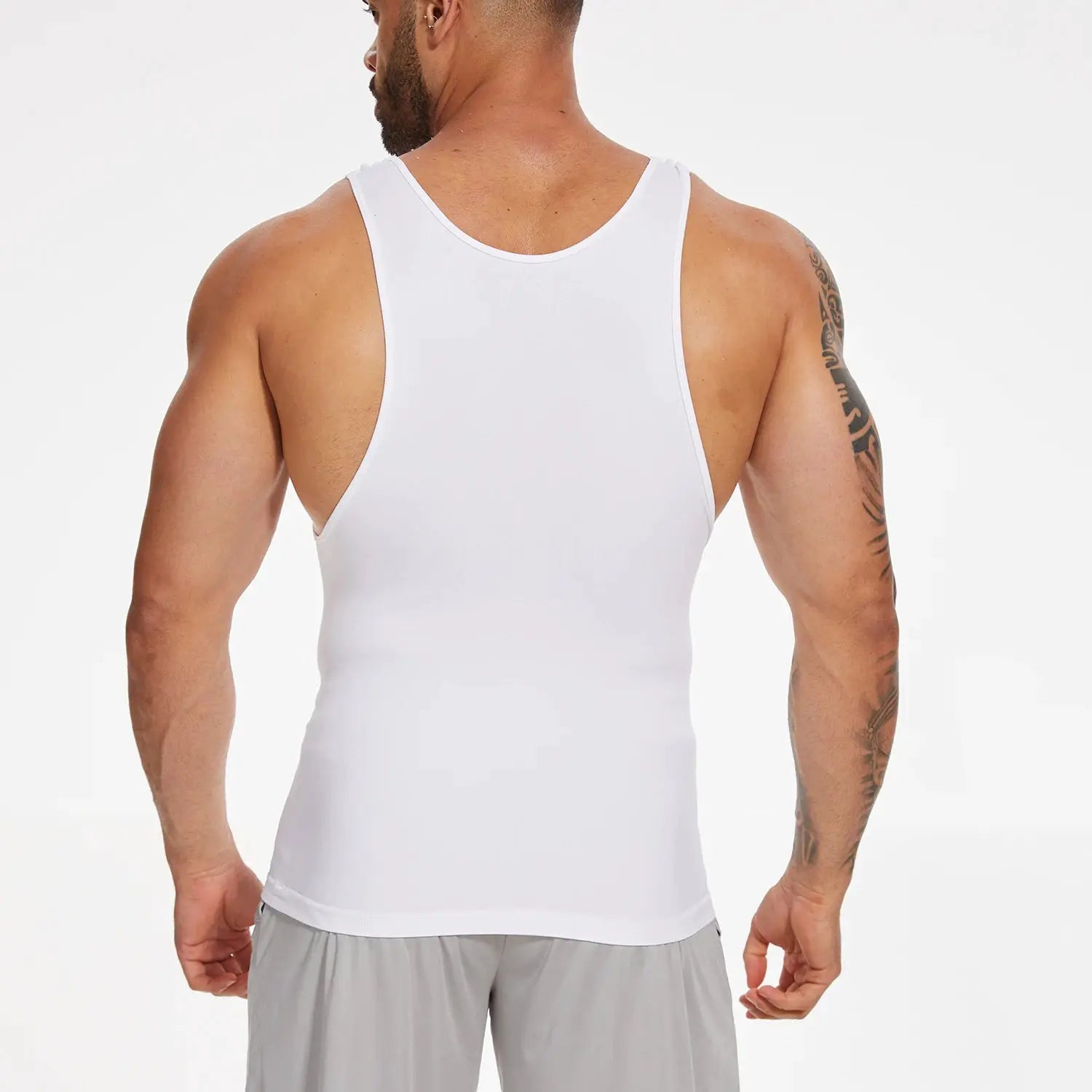 Men's white compression tank top, sleeveless athletic fitness shirt