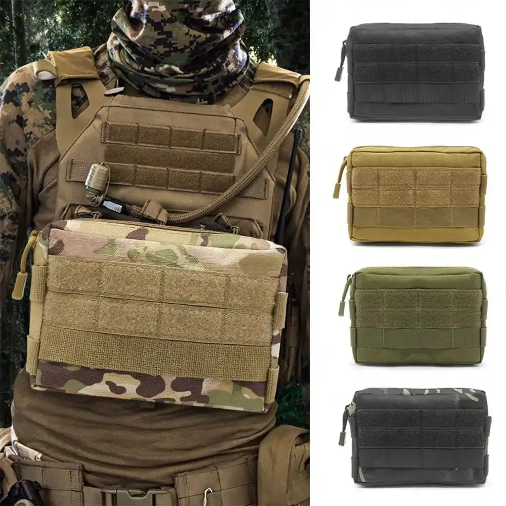 Tactical Molle EDC Waist Pouch in various colors: camouflage, black, tan, olive green, and dark green.