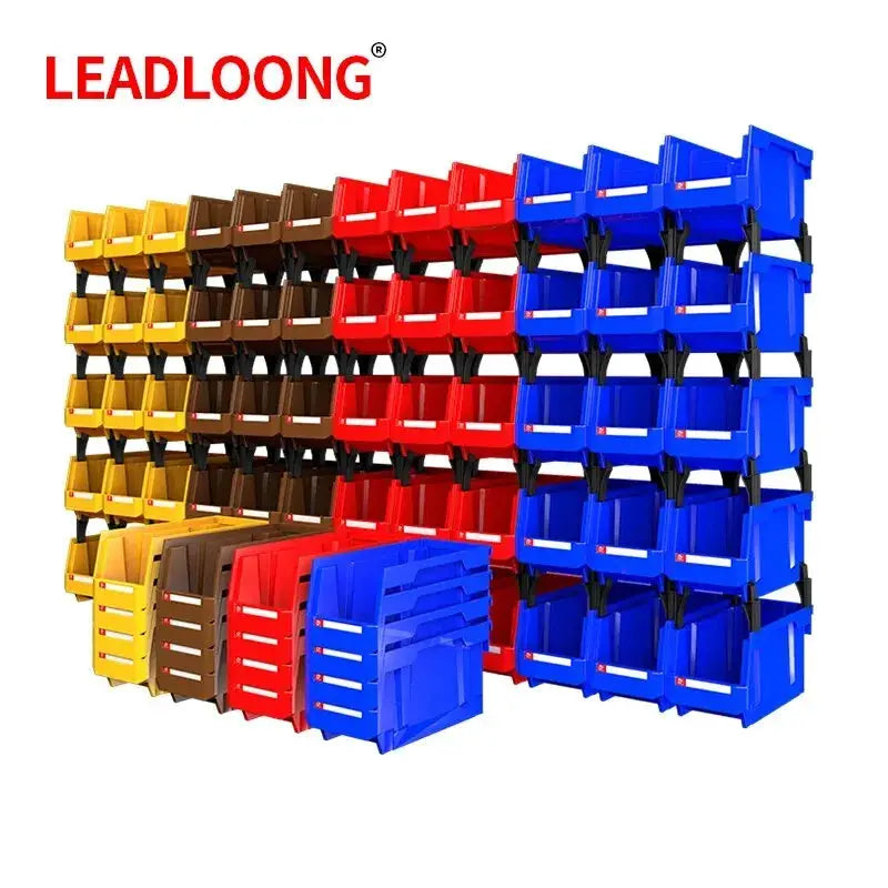 Leadloong V2 12-pack part bins in assorted yellow, brown, red and blue for office desk and car organization.