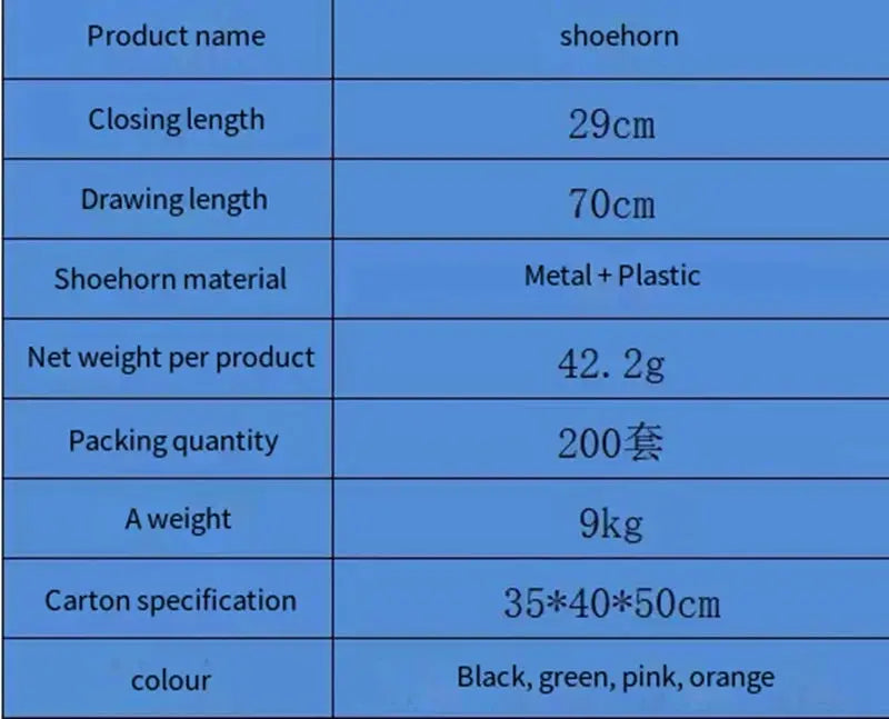 Stretchable metal/plastic shoehorn by Simples Market, 29–70 cm, colors black/green/pink/orange, packaging 200 sets
