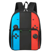GamePad Pattern backpack with blue and red controller panels, front pocket