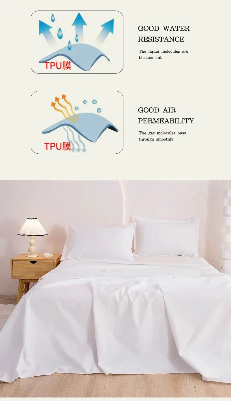 Bed flat sheet mattress cover with TPU waterproof layer on a white bed setup