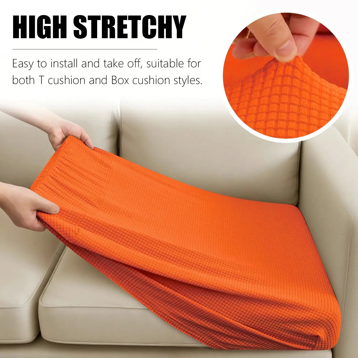 Sofa cushion cover set in orange waterproof jacquard, fits 1–4 seats, shown being placed on a beige couch