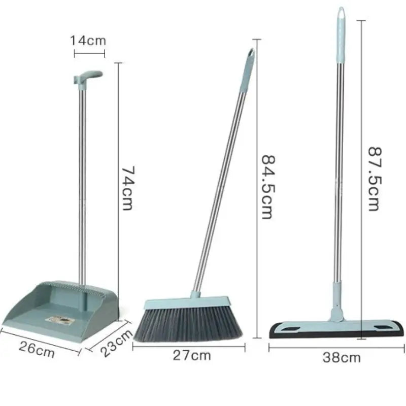 Simples Market 3-piece broom set: dustpan with handle, angled broom, and flat sweeper, all in light blue.