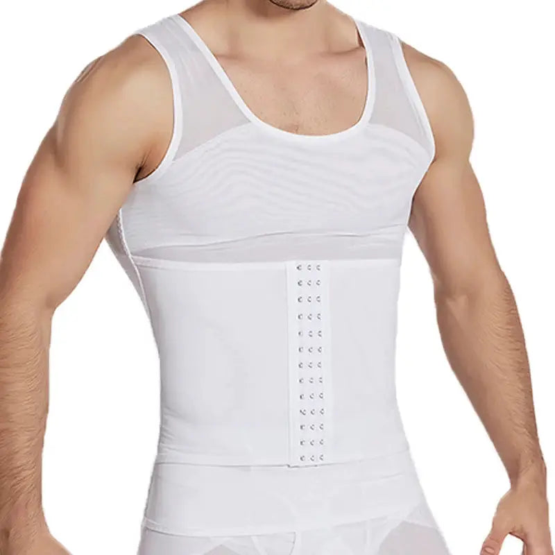 CXZD men's waist trainer body shaper, white mesh girdle with back hook closure