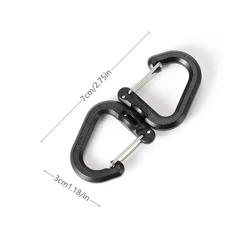 Black double clip carabiner set with two locking hooks and 360-degree swivel, metal construction.