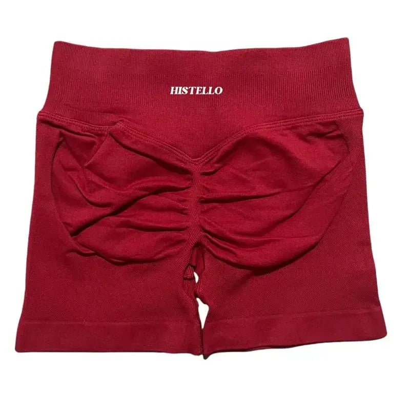 Histello red women's sport shorts with ruched back, seamless, breathable elastic fabric