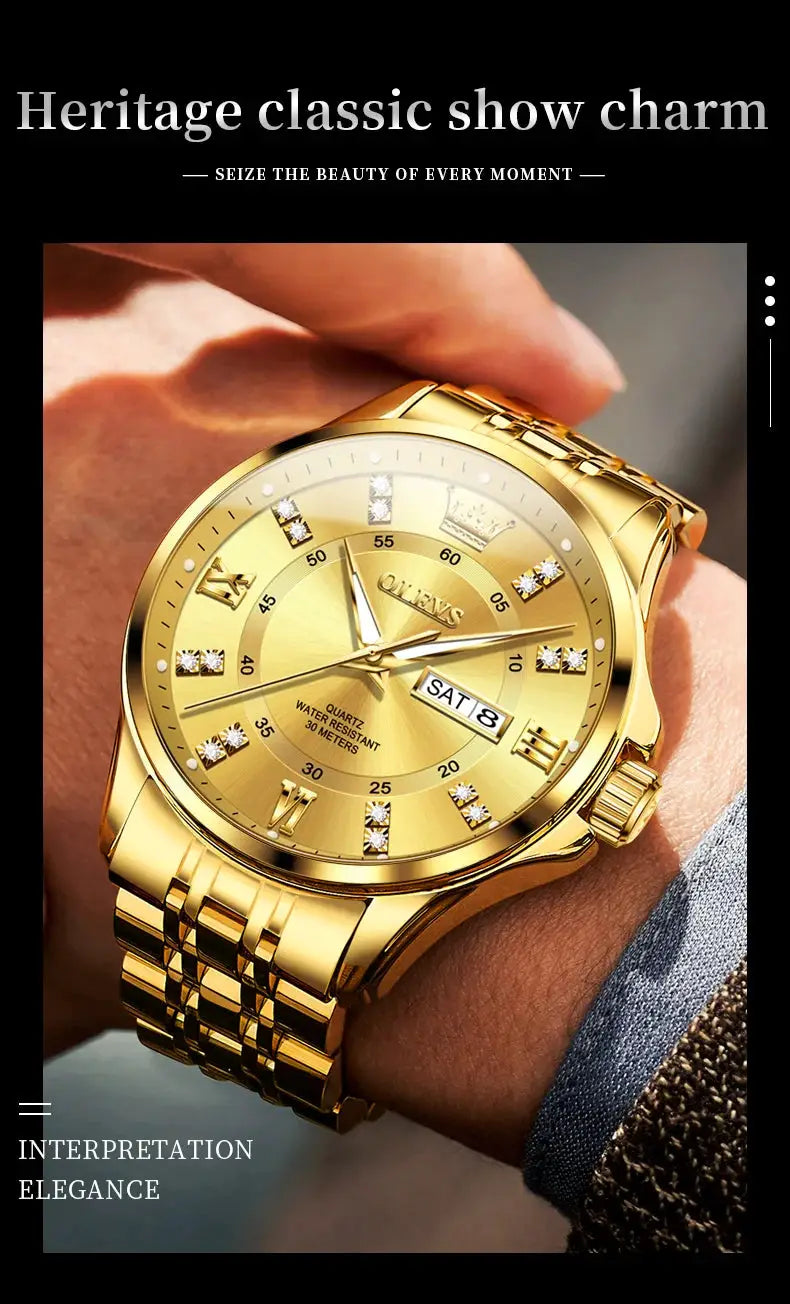 OLEVS 3620 gold men's luxury quartz watch with stainless steel bracelet and calendar date window