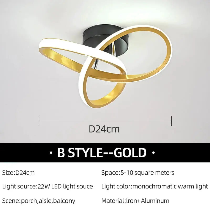 Modern LED ceiling light fixture with interlocking white and gold rings, iron and aluminum, 24 cm diameter