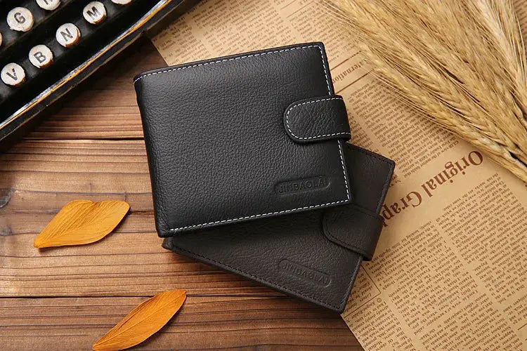 Simples Market black genuine leather men's wallets set of 2 with strap closures, real cowhide, white stitching