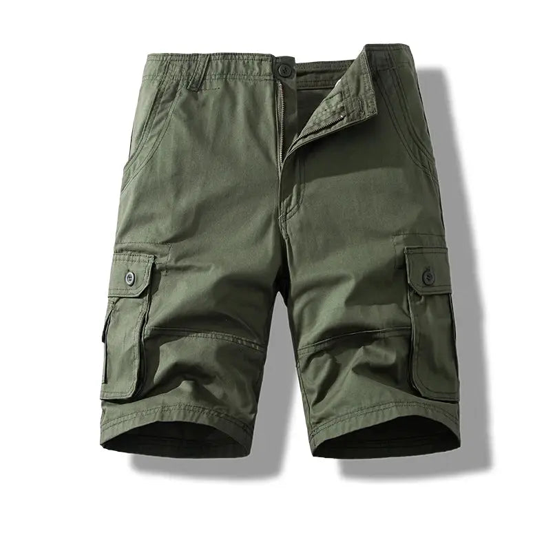 Men's cargo shorts by Simples Market, olive green cotton fabric with multiple cargo pockets.