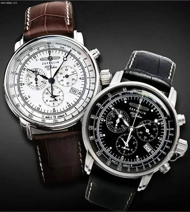 Zeppelin chronograph watches, two steel-cased timepieces with brown and black leather straps.