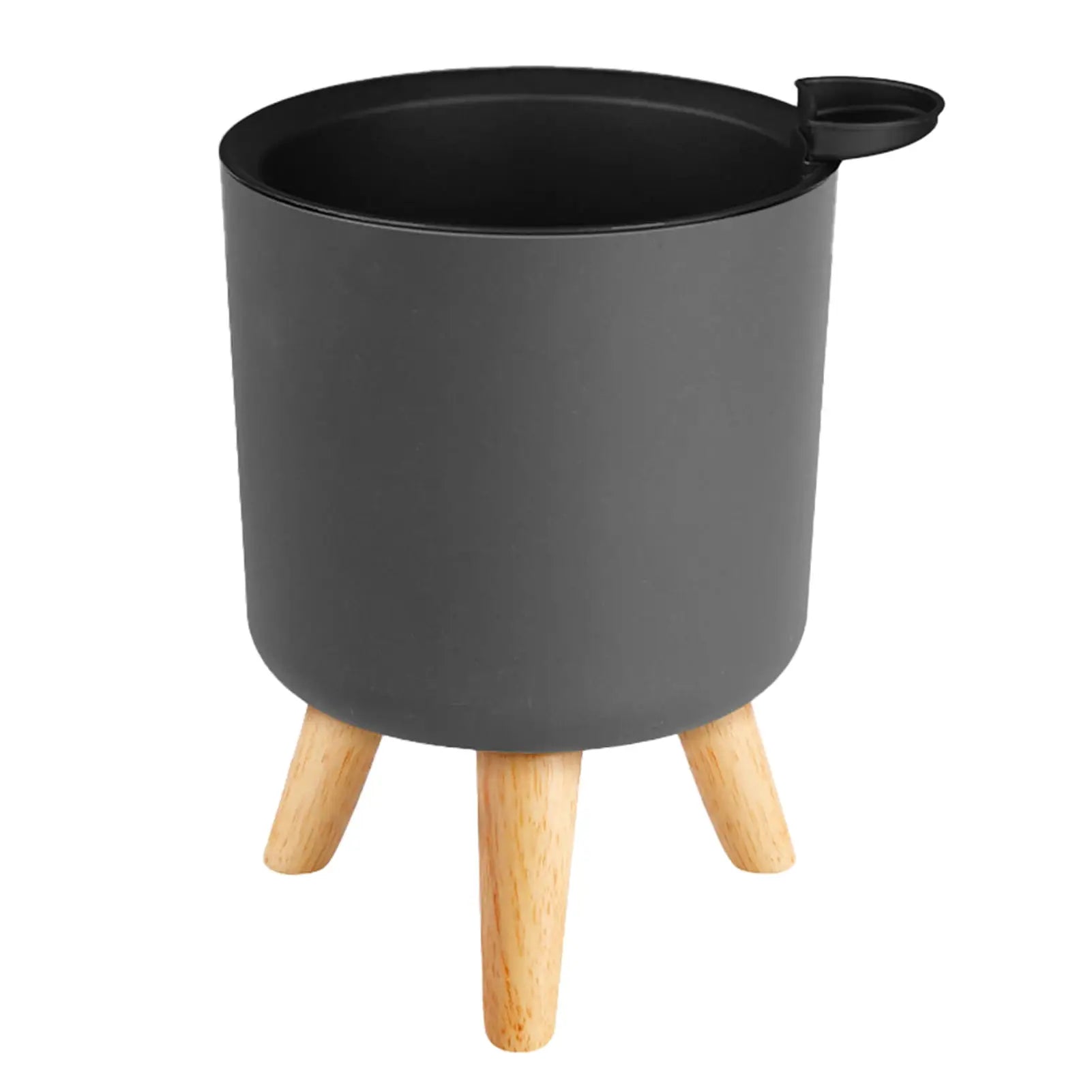 Floor-standing round black plant pot on natural wooden legs, ideal for herbs or bonsai plants