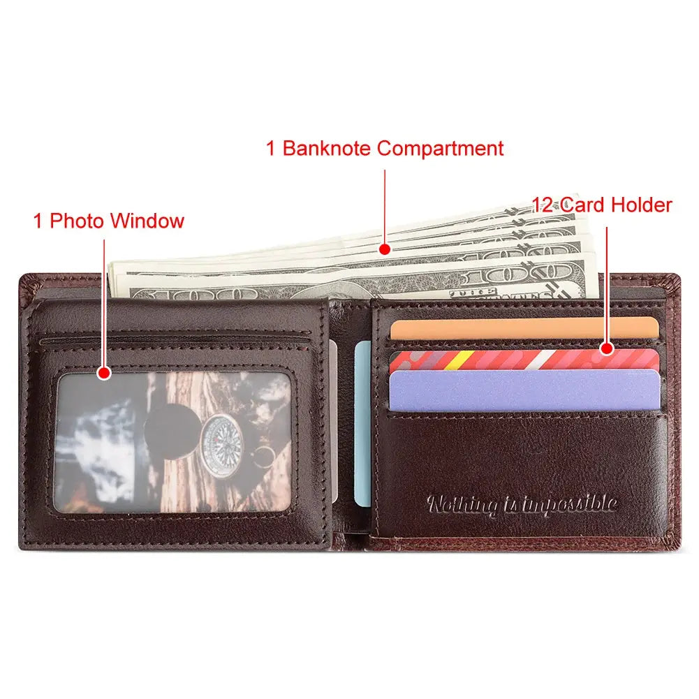 KAVIS handmade brown genuine leather wallet with ID window, 12-card slots and banknote compartment