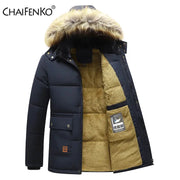 Men's winter parka jacket navy with fur-trim hood and tan fleece lining, ChaiFenko logo visible