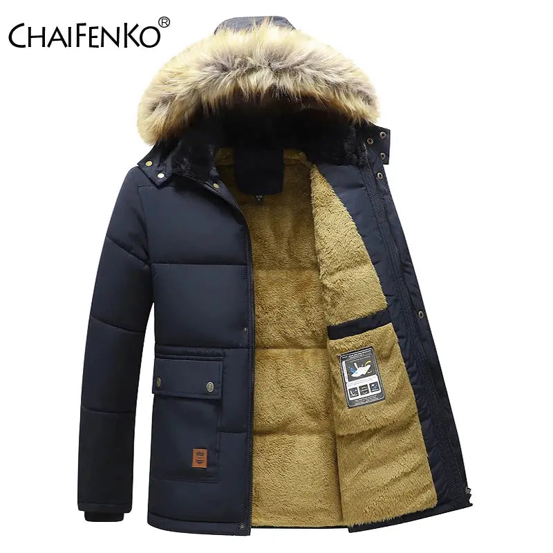 Men's winter parka jacket navy with fur-trim hood and tan fleece lining, ChaiFenko logo visible
