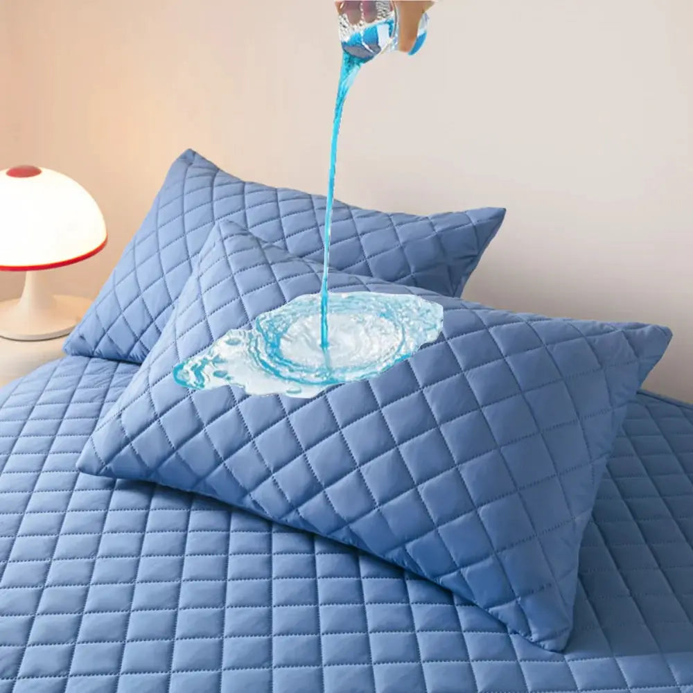 Double-deck pillowcase set, blue quilted cotton, waterproof and anti-mite