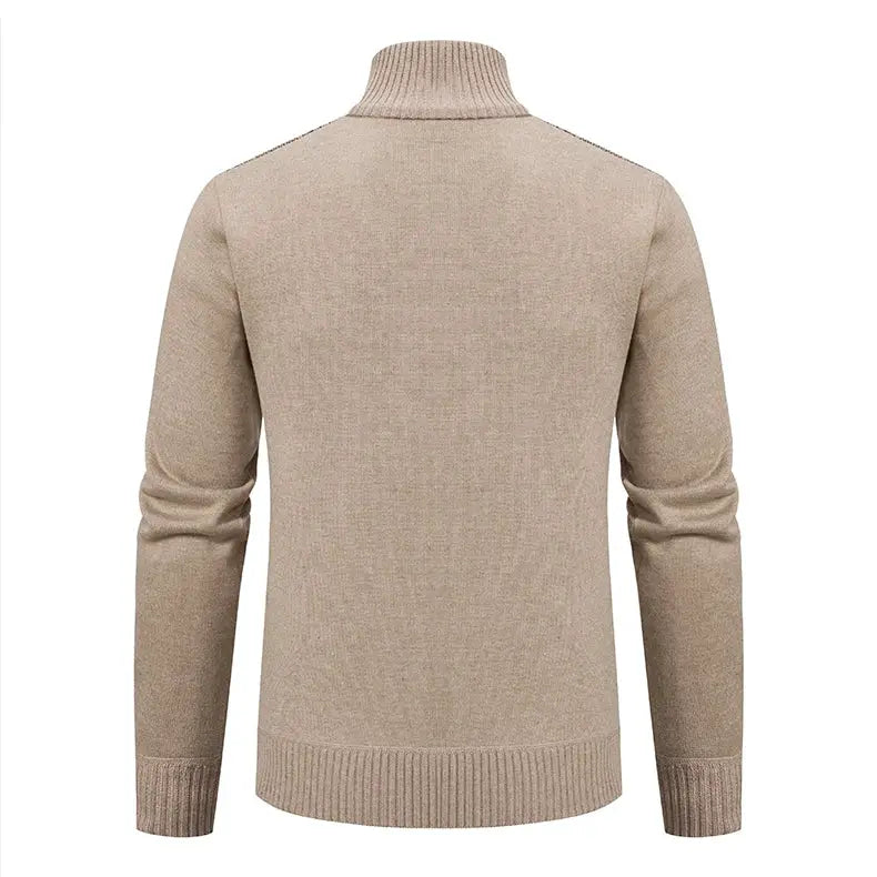 Beige men's knit sweater by Simples Market with ribbed stand collar