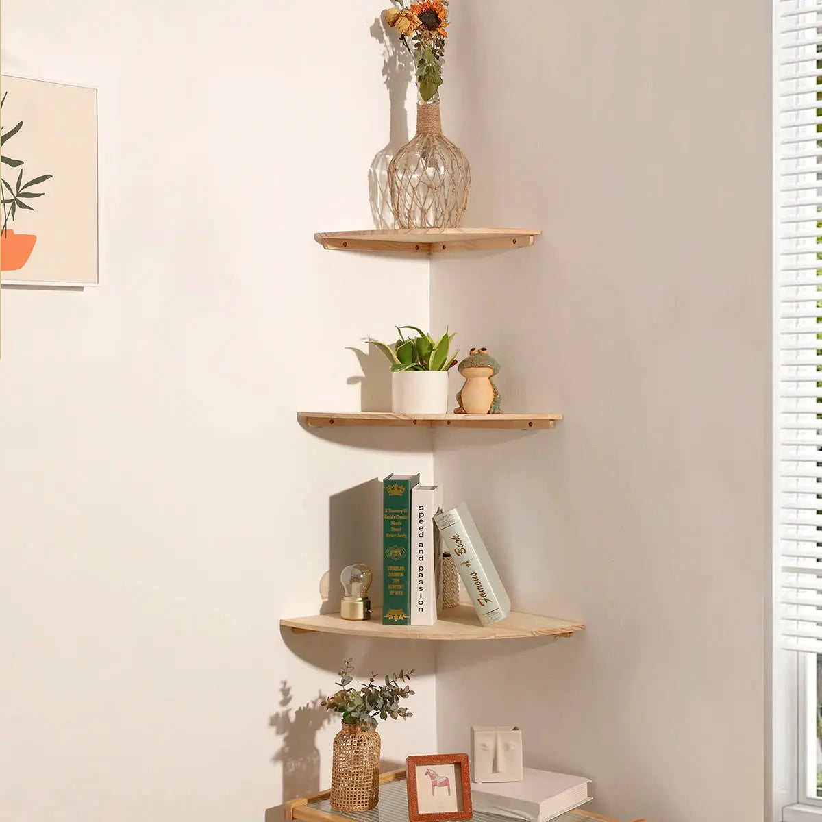 Wood floating wall corner shelf set with round ends in natural finish (3-pack)