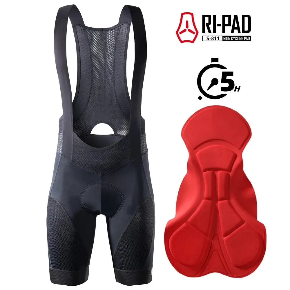 RION men’s cycling bib shorts with mesh back and padded cushion; black shorts plus red pad (2-piece set)