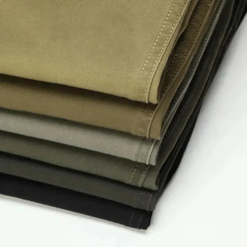 Men's 100% cotton office pants, six stacked pairs in tan, khaki, gray, olive, charcoal and black