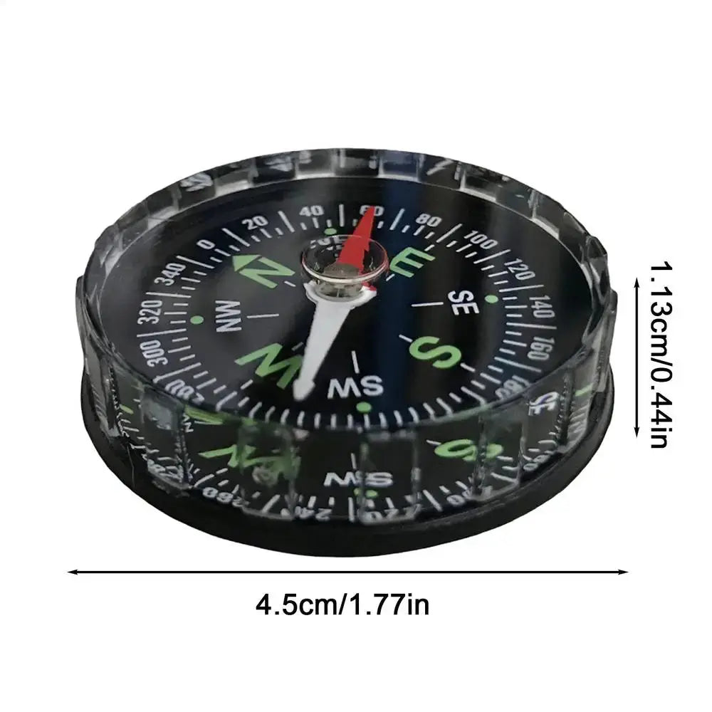 Simples Market waterproof hiking compass with black dial and green cardinal marks, 4.5 cm diameter