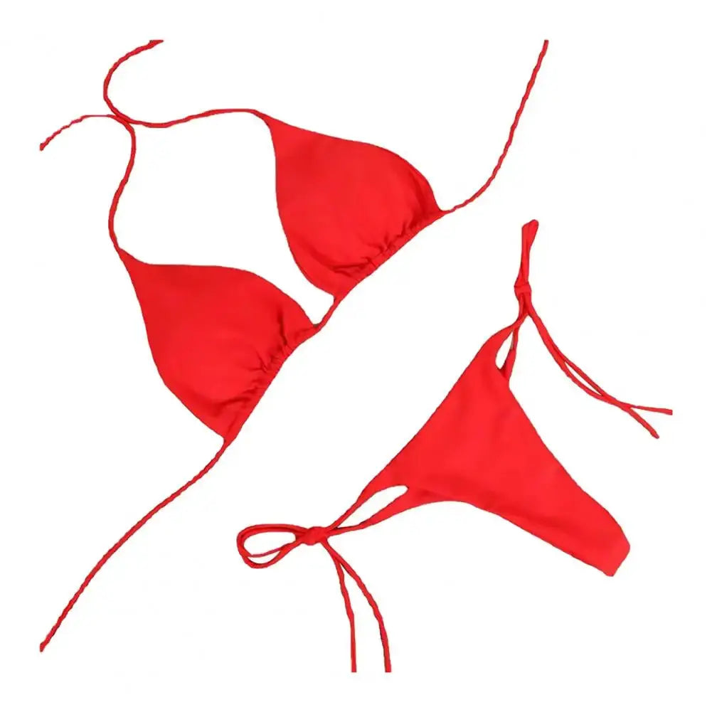 2 Piece Womens Swimsuit Set Halter Neck Bikini Solid Color Thong Bottom Beachwear 2024