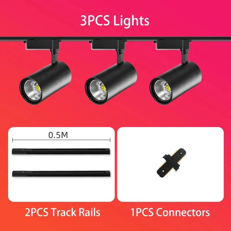 Spot LED track lighting kit with 3 black ceiling lights, two 0.5m rails and one connector