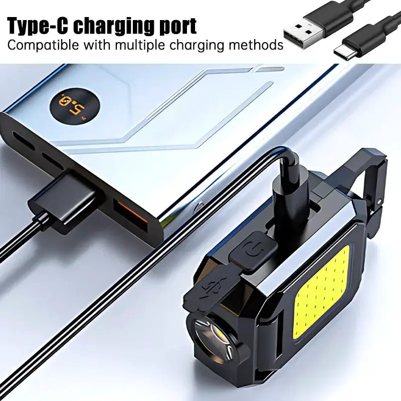 Simples Market mini USB-C rechargeable COB work light with 90° foldable side lights, black body and yellow COB panel.