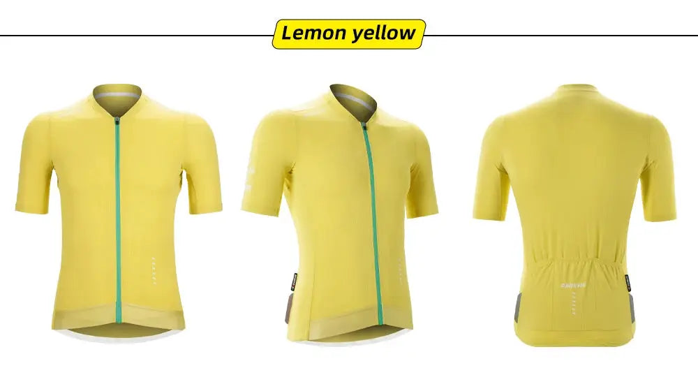 DAREVIE lemon-yellow cycling jersey, breathable quick-dry fabric, teal front zipper, 3 views