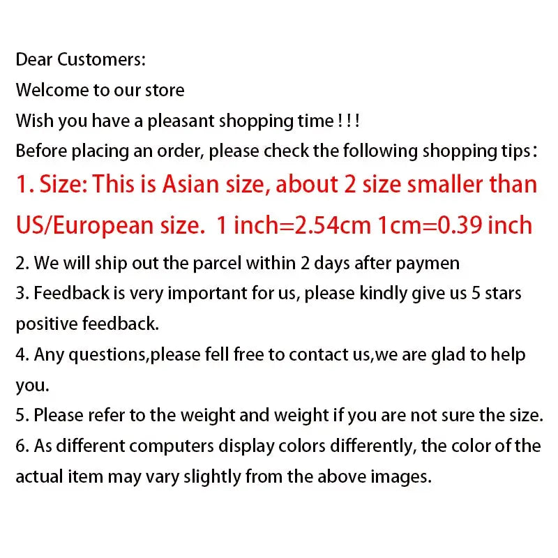 Store notice with shopping tips: size guide, shipping, feedback, contact, and color note.