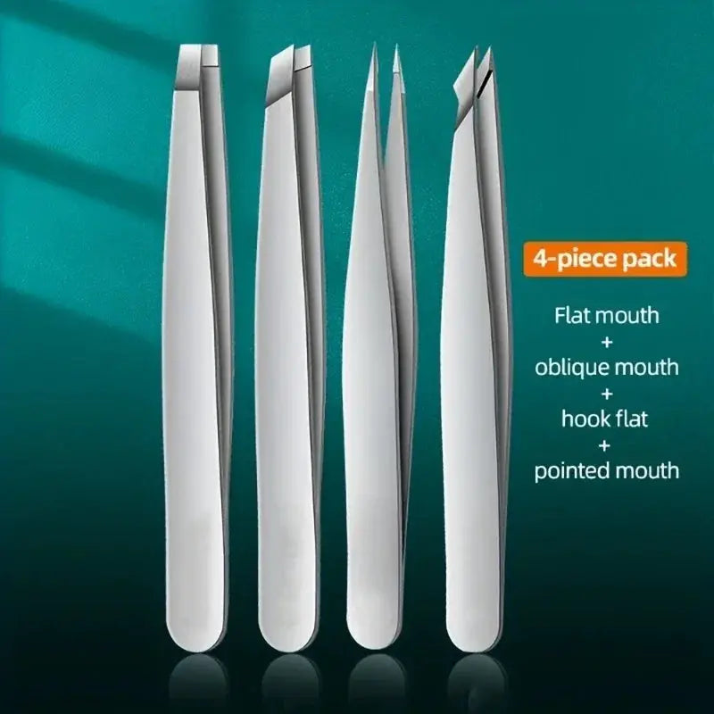 4 Piece Professional Tweezers Set For Eyebrow Hair Removal And Splinter Extraction Stainless Steel