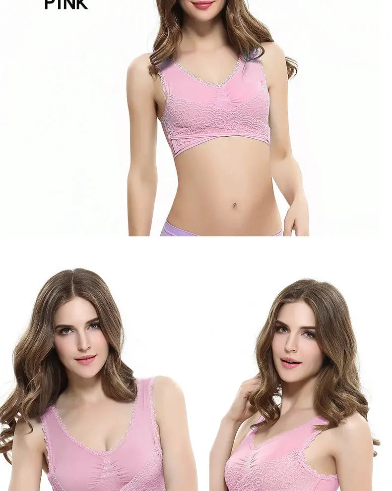 S-4XL cross-side buckle lace sports bra bralette, pink, seamless wireless design by Simples Market