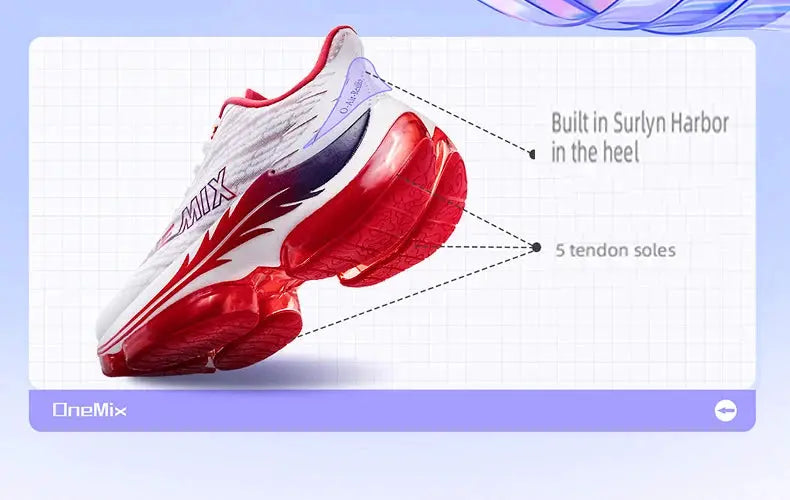 ONEMIX air cushion running shoes for women, white mesh sneakers with red sole