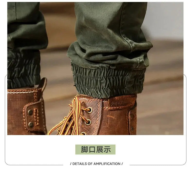 CAAYU men's cargo joggers in gray-green with elastic cuffs; multi-pocket streetwear pants.
