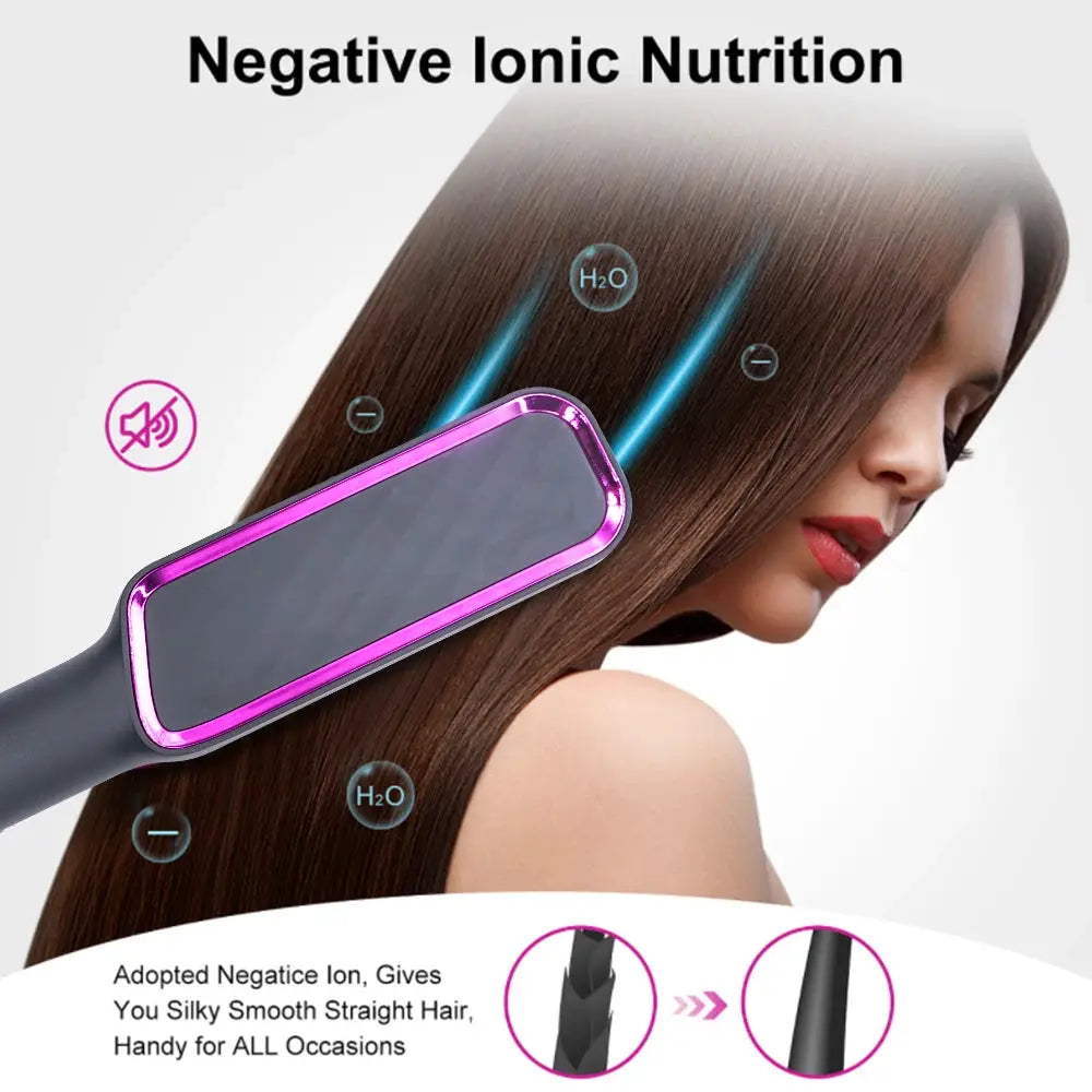 Electric hot comb straightener with purple frame and gray paddle