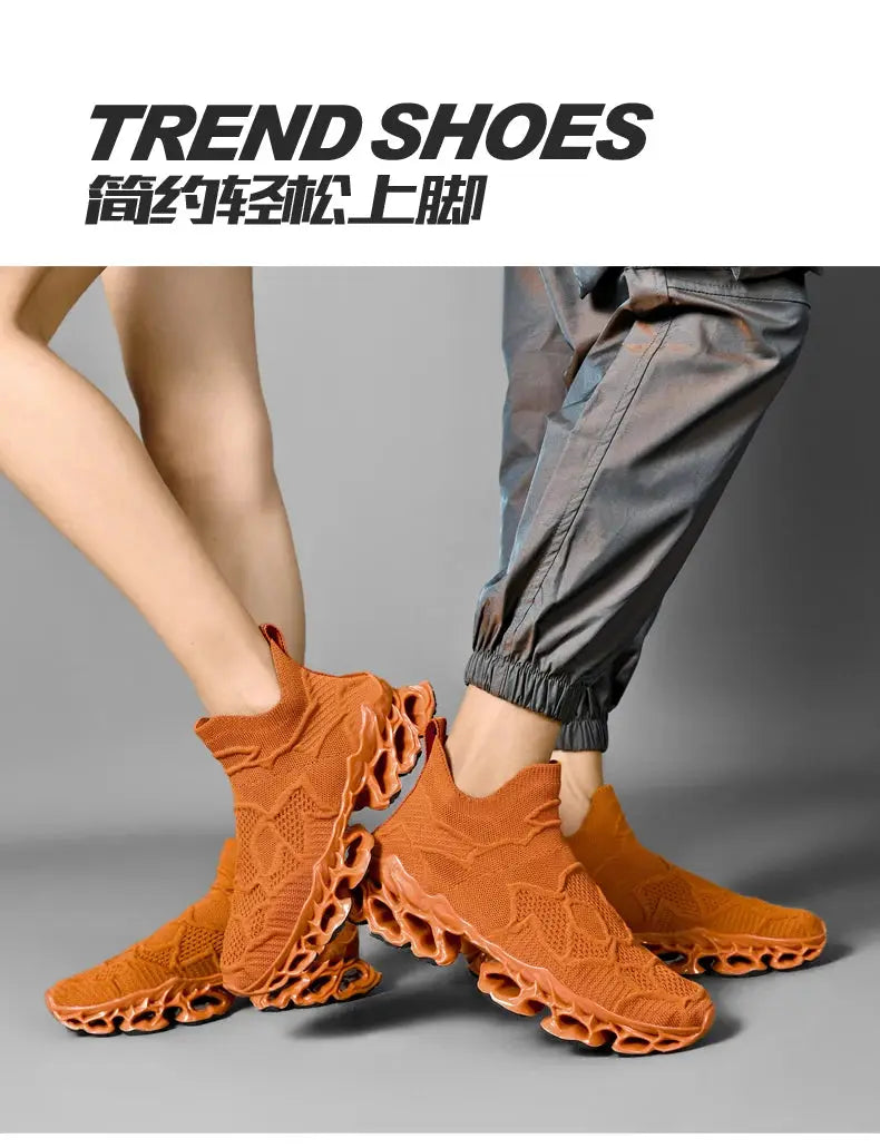 Sneakers by Simples Market, orange breathable knit with sculpted lattice sole, 2 shoes shown