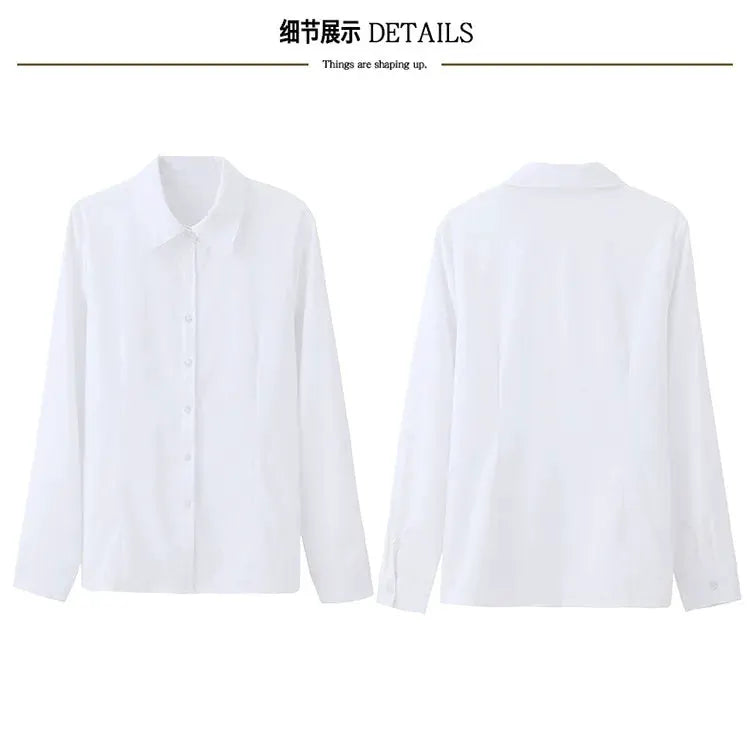 White chiffon button-down shirt blouse for women with long sleeves and turn-down collar; front and back views